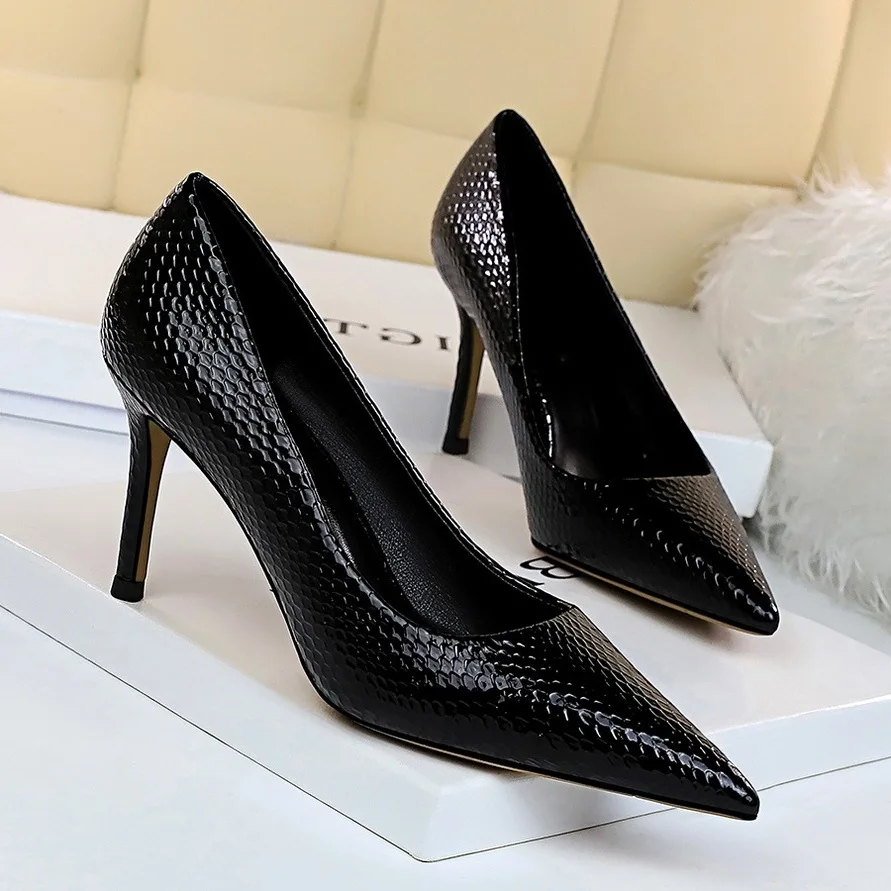 

272-6 High-Heel-Simple Europe And America Fashion Slimming Career Ol Versatile Banquet Low-Cut Faux Pu Snakeskin Single