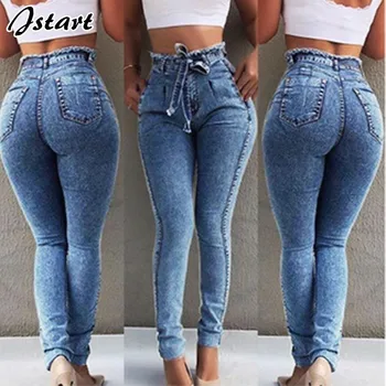 

Women Sexy Jeans Bodycon Denim Spring Autumn Mid Waist Casual Fashion Straps Tassel Female Bottoms XXL