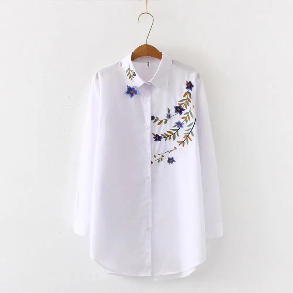 Blue Flower Blouse Новое поступление, Женская белая рубашка на пуговицах, с отложным воротником, с длинным рукавом, с цветочной вышивкой, хлопковая Повседневная Блузка, топ большого размера T98403F - Цвет: Blue Flower Blouse