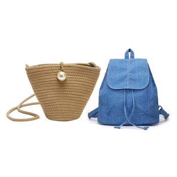 

1Pcs Canvas Women Backpack Drawstring School Bags Blue & 1Pcs Shoulder Bag Wild Pearl Chain Strap Crossbody Bags Luxury Handbags