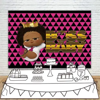 

Hot Pink Boss Baby Backdrop African American Girl Golden Crown Little Princess Happy Birthday Background for Party Decor Banner