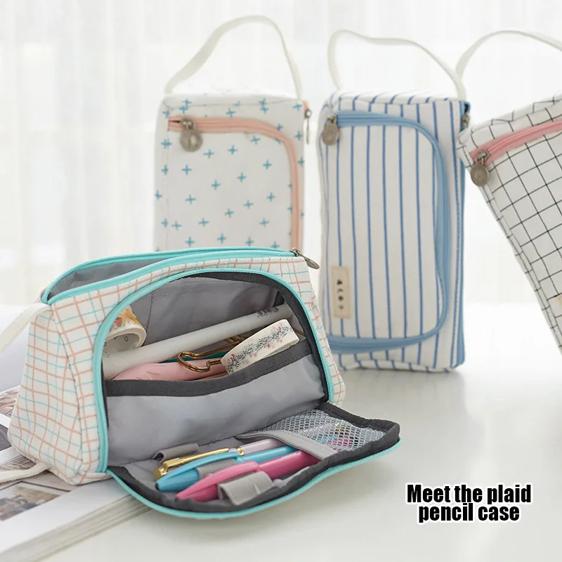 

Plaid Pencil Case Multifunction Portable Large Capacity Simple Storage Bag OUJ99