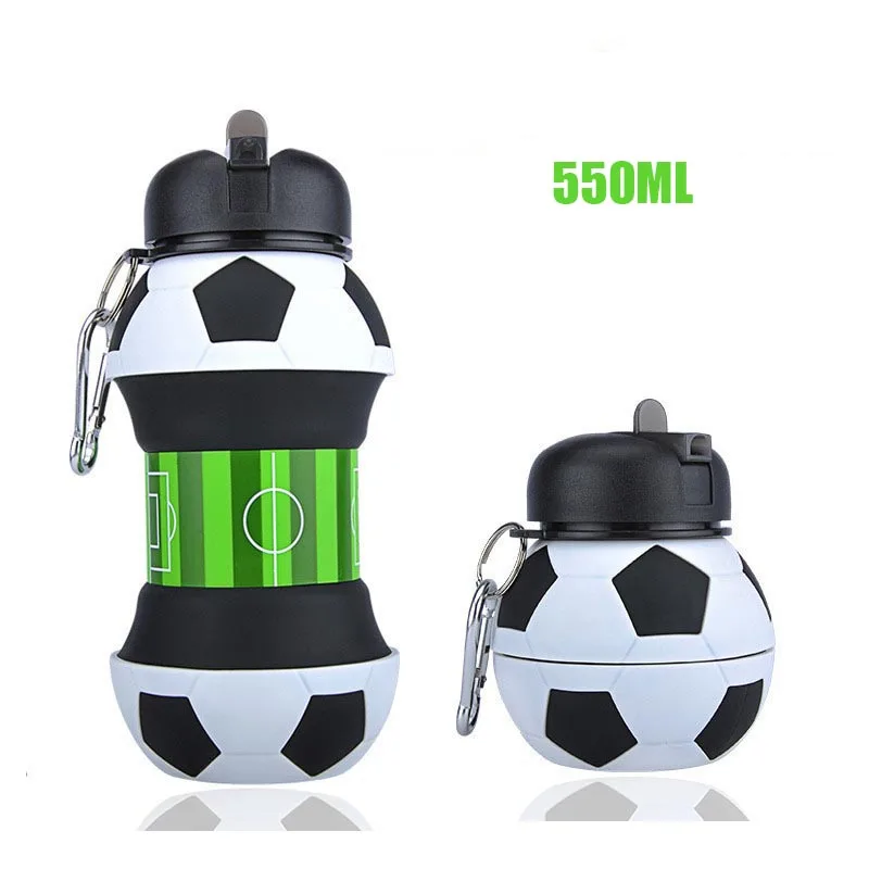 

1pc Football Soccer Silicone Water Bottle with Straw Foldable Collapsible Travel non-toxic Bottles Innovating Camping 550ml
