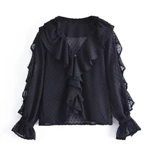 

Women V Neck Cascading Ruffle Flocked Chiffon Shirt Long Sleeve Female Blouse Casual Lady Loose Tops Blusas S9835