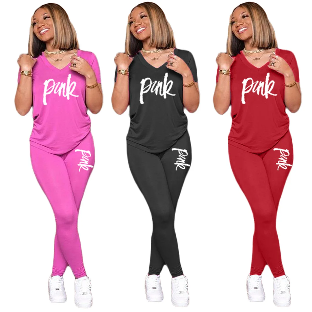 

Women Casual Movement Style Sets Short Sleeve V-neck Top Elastic Long Pants Letters Printed Two Piece Sets S334