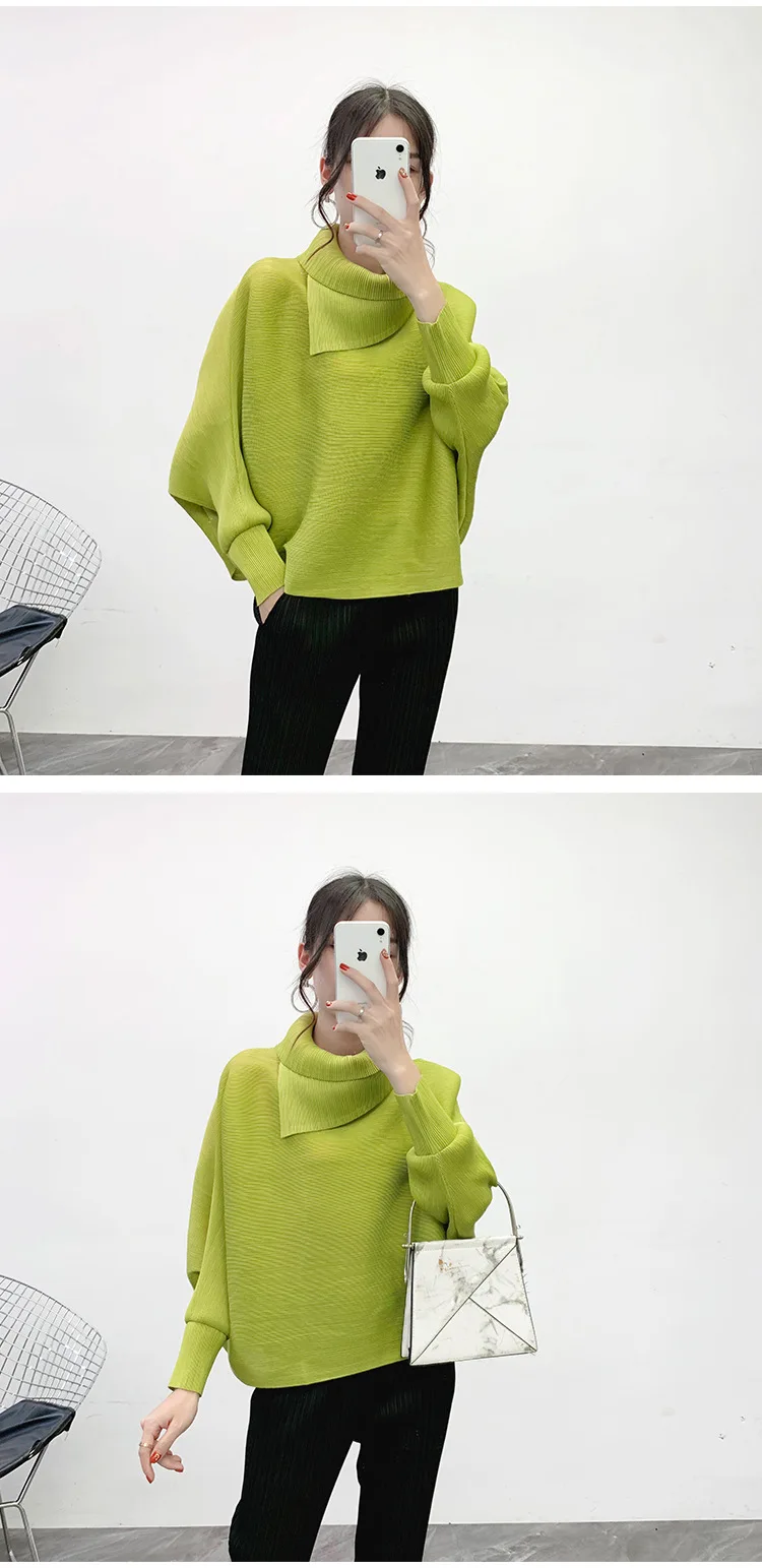 New Winter Plus Size Women Tshirt Solid Turn-down Collar Long Sleeves Bottoming Miyake Pleats Casual Loose Ladies Hoodies
