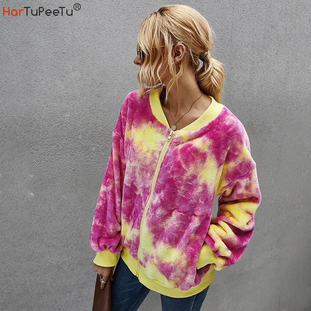 

Spring Autumn Women Faux Fur Teddy Coat Tie-dye Colour Block Zipper Jacket with Pockets Plus Size Slim Fit Long Sleeve Warm Tops