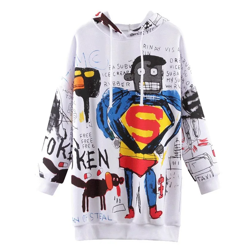 2019 Autumn Winter New Hoodies Sweat Womens Harajuku Cartoon Superman Graffiti Printed Casual Loose Fleece pullover Sweatshirts 2019 Autumn Winter New Hoodies Sweat Womens Harajuku Cartoon Superman Graffiti Printed Casual Loose Fleece pullover Sweatshirts