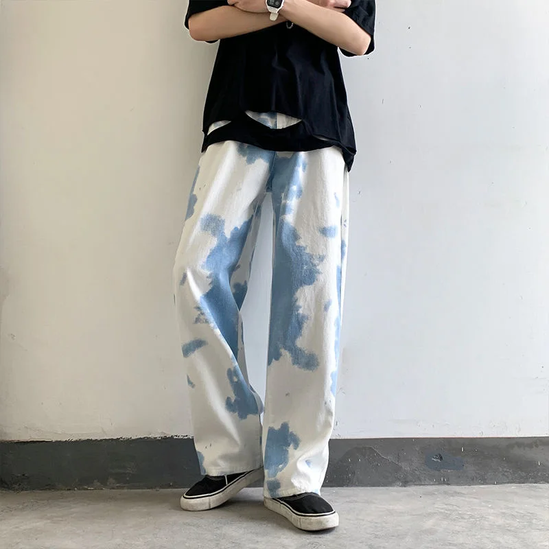 

2021 Men's High Street Casual Pants Blue Sky And White Clouds Printing Dye Gradient Jeans Loose Straight Pants Fashion Trousers