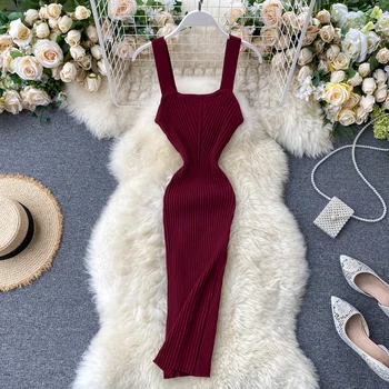 

Teeuiear Vintage sexy Slim Knitted short Dress Bodycon mini spaghetti strap dress Summer Party Women sheath vestidos club dress