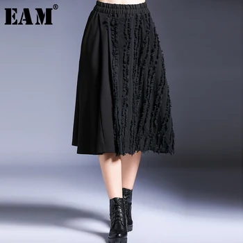 

[EAM] 2020 New Spring High Elastic Waist Black Split Joint Burr Loose Half-body Skirt Women Fashion Tide All-match JK428