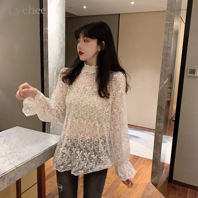 Lychee Harajuku однотонная сетчатая кружевная женская футболка Топ со стоячим воротником винтажные прозрачные женские пуловеры топы весна осень женские футболки