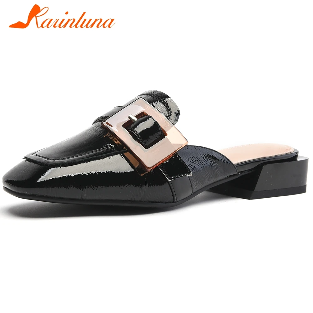 

KARINLUNA Brand New Ladies Casual Low Heel Mules Women 2020 Elegant Decorating Summer Pumps Patent Genuine Leather Shoes Woman