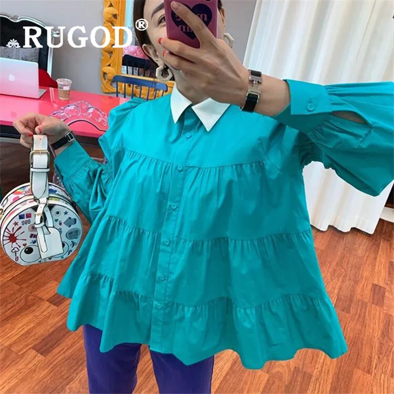 RUGOD 2019 корейская ins Женская Блузка синяя с отложным воротником пышными рукавами