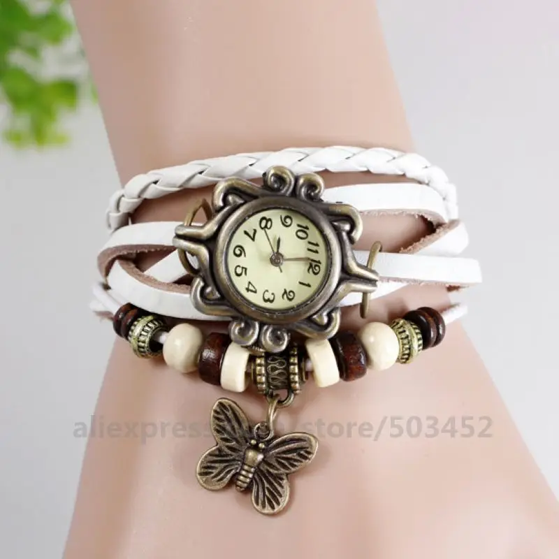 100 шт/партия классические ретро часы с бабочкой винтажные милые часы с подвеской женские часы с браслетом кварцевые из искусственной кожи часы - Цвет: white