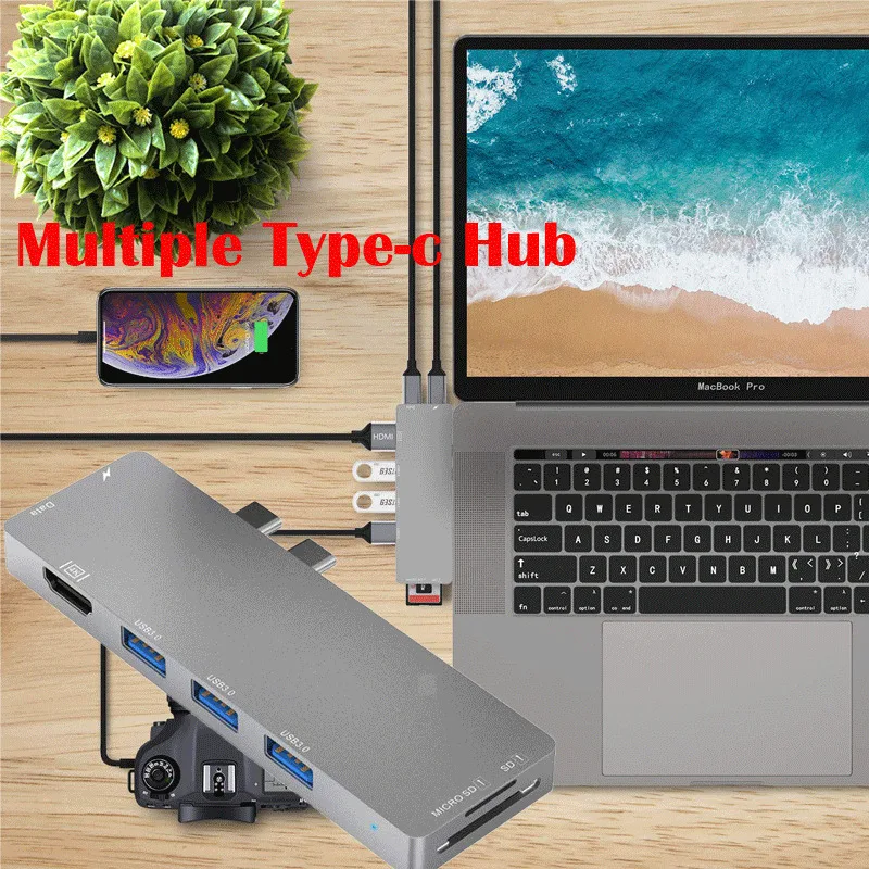 USB-C type C концентратор адаптер 8 в 1 4K-HDMI-USB 3,0-RJ45-Card считыватель PD Синхронизация данных