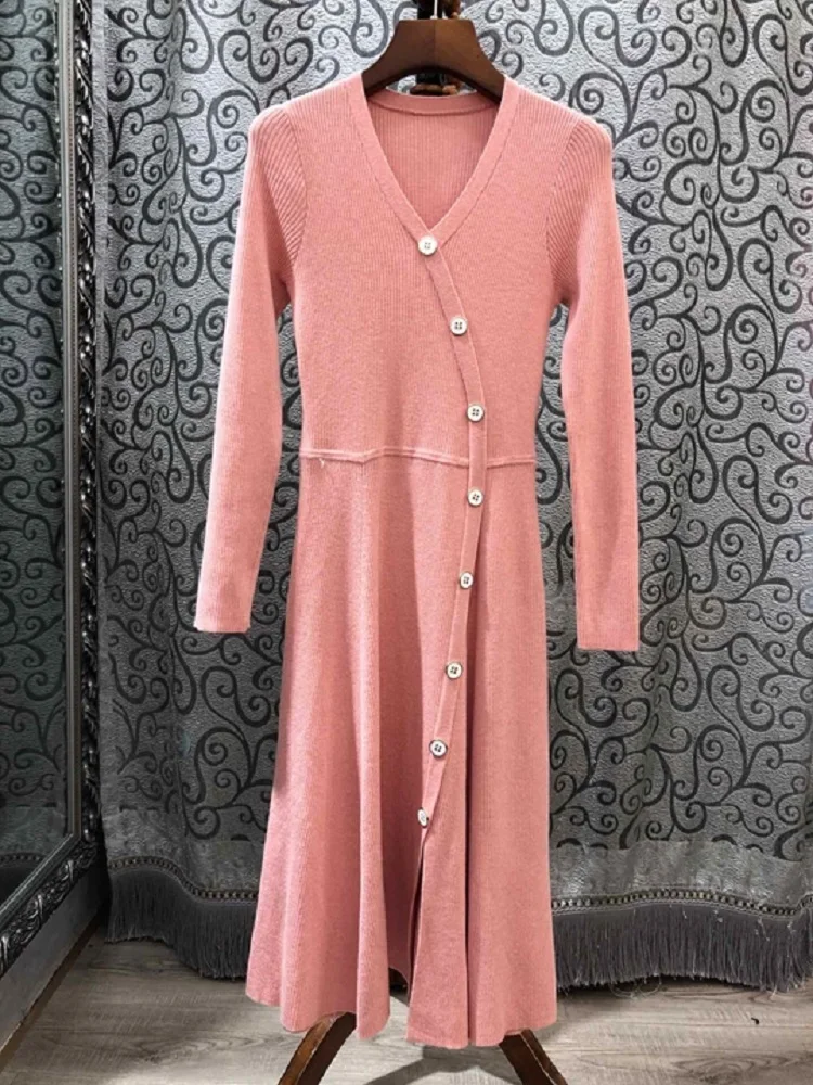 ^Cheap High Quality Wool Sweater Dress 2019 Autumn Winter Warm Dress Women V-Neck Buttons Long Sleeve Pink Black Apricot Jumper Dress