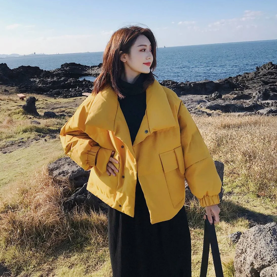 

Photo Shoot Main Push INS Yellow Handsome BF Stand Collar Loose-Fit Versatile Short down Coat Thick Cotton Overcoat Women's Wint