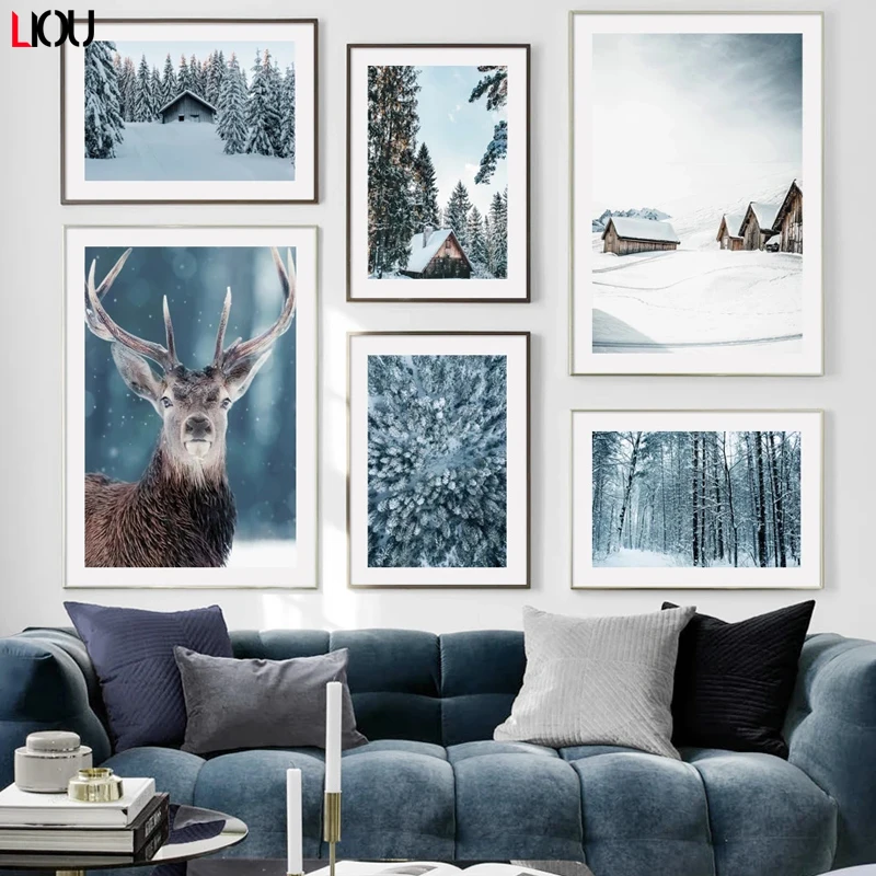 Настенная Картина на холсте с изображением снега сосны леса оленя зимнего