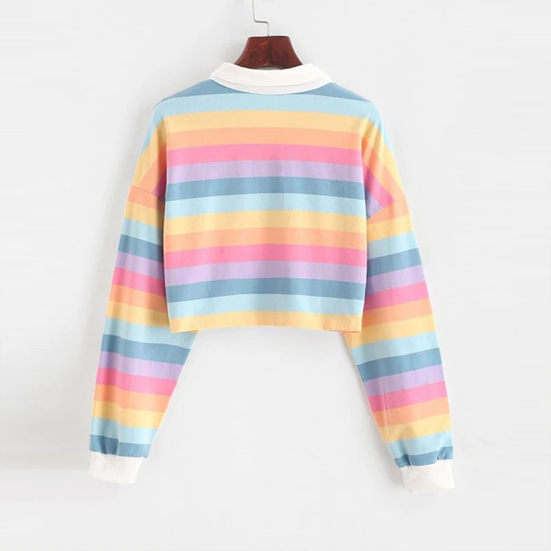 QRWR 2020 Polo Shirt Women Sweatshirt Long Sleeve Rainbow Color Ladies Hoodies With Button Striped Korean Style Sweatshirt Women