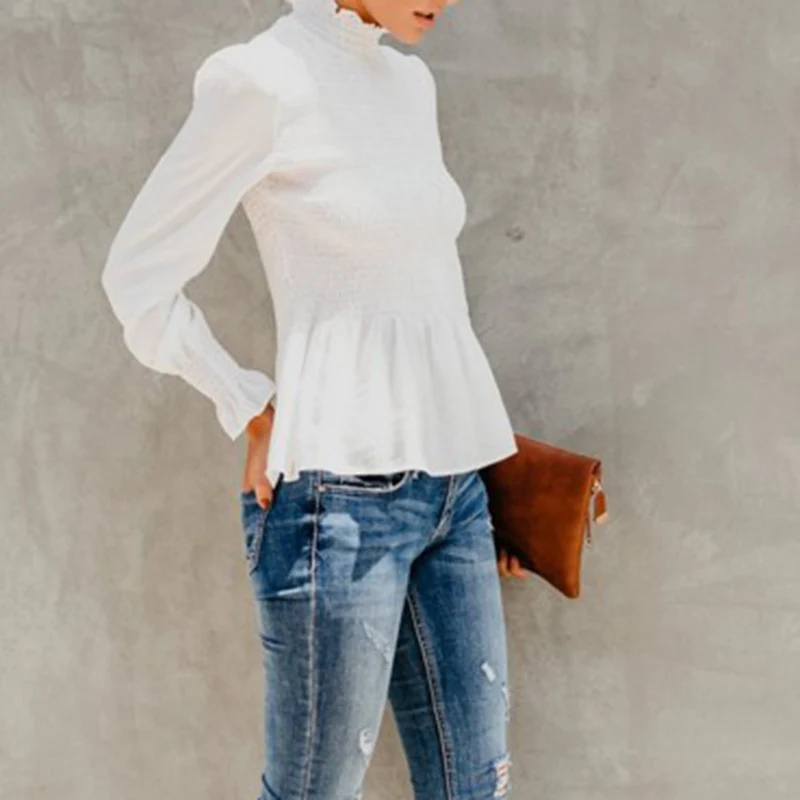 Sexy High Collar Blouse Women Autumn Fashion Casual All-match Solid Color Long Sleeves Lace Decoration Top Female Blouse