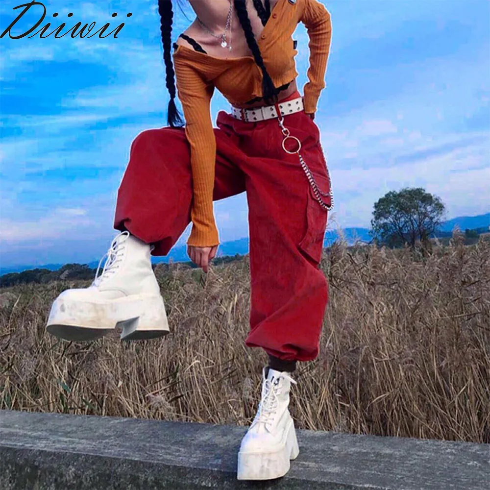

DiiWii New Ladies Slacks High Waisted Red Corduroy Cool Trend Loose Fitting Slim Pocket Corset Trousers