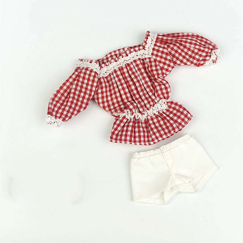 Модная клетчатая 1:6 с открытыми плечами, кружевная Одежда для куклы Blythe, топ с воланами, рубашка и белые шорты для куклы Барби, аксессуары для куклы BJD - Color: 4