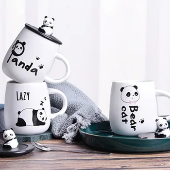 

White Creative Coffee Mug With Lid Spoon Super Cute Panda Ceramic Cup Home Personality Girl Heart Cartoon Drinking Cup For Kids