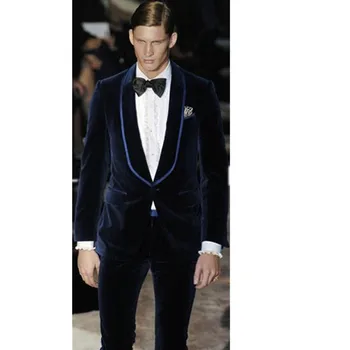 

Navy Blue Velvet Men Suits For Prom Party Celebrity Red Carpet Formal Tailored Shawl Lapel Wedding Suits(Jacket+Pants)