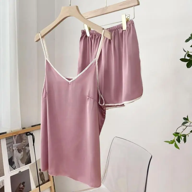 

2022 Summer New 2PCS Pajamas Suit Casual Homewear Women Home Clothing Sleep Set Intimate Lingerie Satin Nightwear Pyjamas