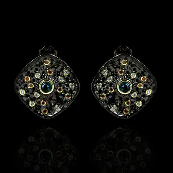 

Vintage Bohemian Style Hollow Colored Zircon Irregular Shape Stud Earrings Black Gold Series 925 Silver Luxury Italian Jewelry
