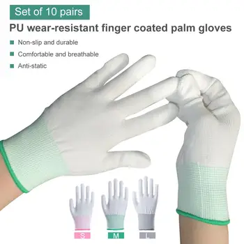 

10 Pair Protective Isolation Gloves Anti Static Gloves PU nylon Coated Palm Coated finger PC Antiskid for Medical Protection