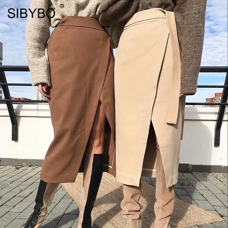 SIBYBO ребристые Боковые Сплит сексуальные юбки женские модные летняя с высокой талией женские пуговицы для юбки однотонные повседневные женские юбки