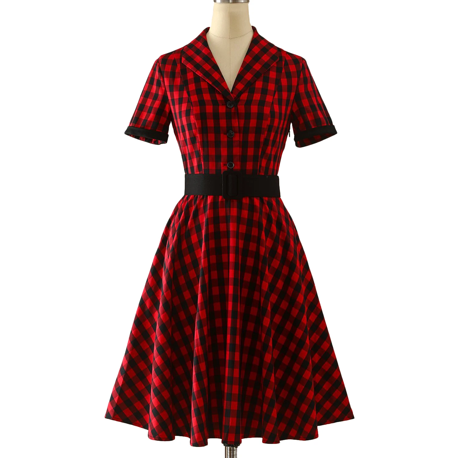 

England Style Plaid Women Vintage Dress Gothic Punk 50s 60s Retro Red Turn Down Collar Swing Pin Up Rockabilly Jurken With Belt