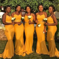 Spaghetti Strap Satin Mermaid Bridesmaid Dresses African Nigeria Off The Shoulder Sleeveless Long  Wedding  Maid Of Honor Dress