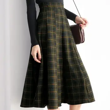 

2020 spring vintage plaid skirt women high waist big swing knee length a-line skirt