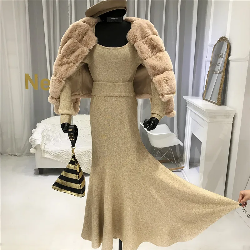 2019 Winter Knit Two Piece Set Skirt High Street Square Collar