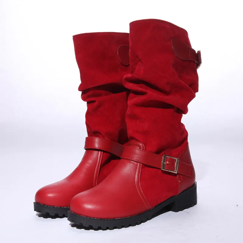MEMUNIA new arrival mid calf boots women flock+pu buckle low heels casual shoes comfortable autumn winter boots female
