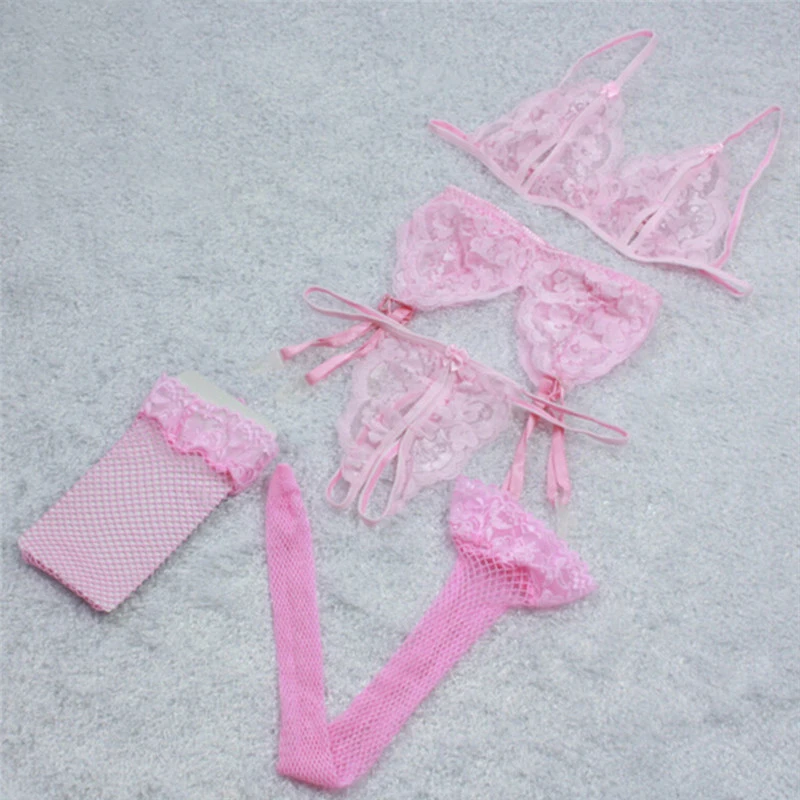 

4 Pcs Lace Lingerie Set Sexy Women Floral Bra Set Push Up Underwear Open Bras String Garters Net Stockings Brief Set Black Pink