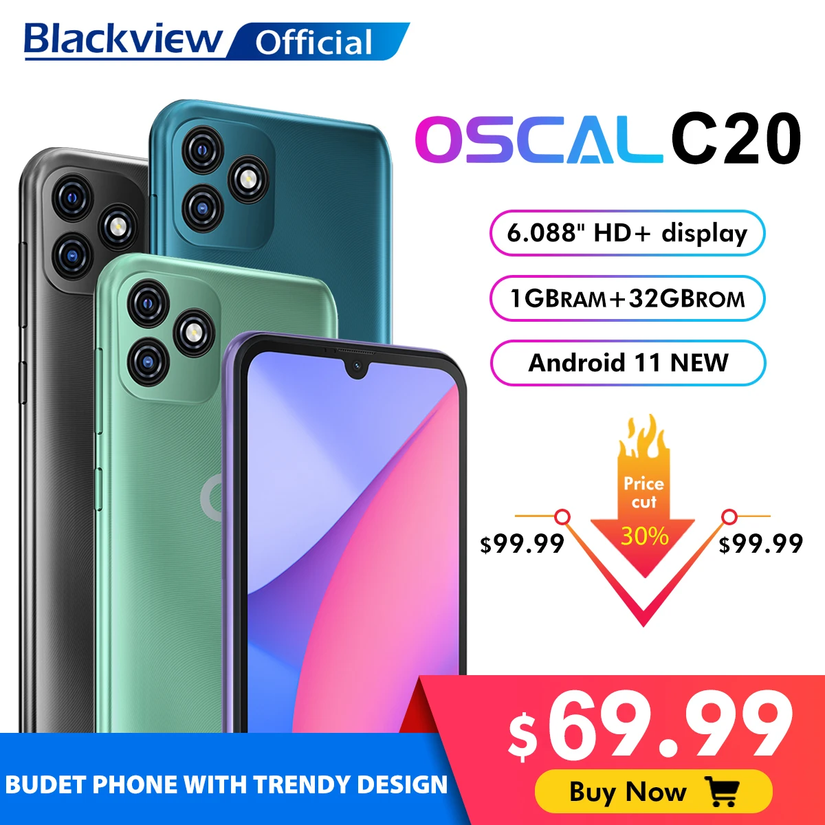 Смартфон BLACKVIEW OSCAL C20 1 Гб + 32 ГБ 6 088 дюйма 3380 мА · ч двойная камера Android 11 3G мобильный