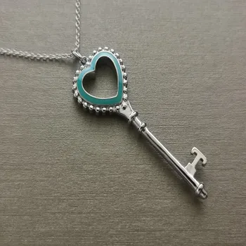 

S925 pure silver 1:1 classic trend enamel blue platinum love key ms necklace with accessories
