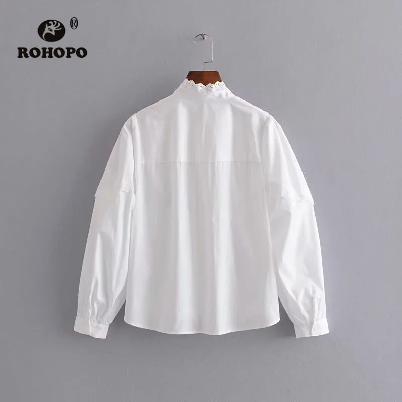 ROHOPO белый хлопок поплин блузка баллон с длинным рукавом полу водолазка кружева декольте Топы Blusa сплошной спереди кружевная рубашка#2435
