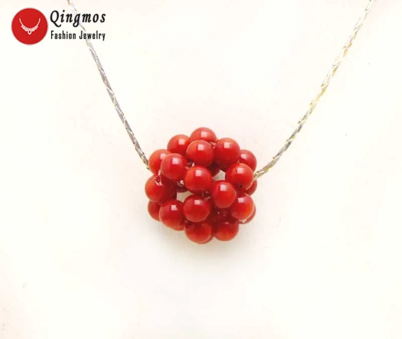 

Qingmos Natural 5mm Red Coral Handwork Weaving 18-20mm Round Ball Pendant Necklace for Women Silver Plated Chain Chokers 17''