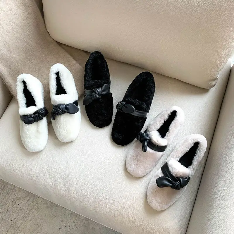 ALLBITEFO high quality Lamb hair high heel shoes Butterfly-knot fashion women heels comfortable Autumn Winter low heel