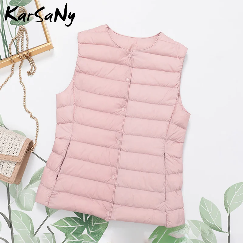 Pink KarSaNy, зимний женский жилет, ультра тонкий пуховик, Женское пальто без рукавов, зимний теплый ультра светильник, жилет на утином пуху для женщин, короткий - Цвет: Pink