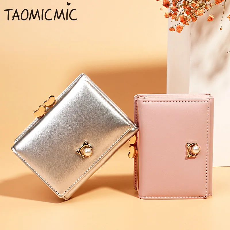 Fashion Pearl Women Wallets Short PU Leather Ladies Buckle Purse Cute Coin Pocket Card Holder Female Mini Money Female Purses