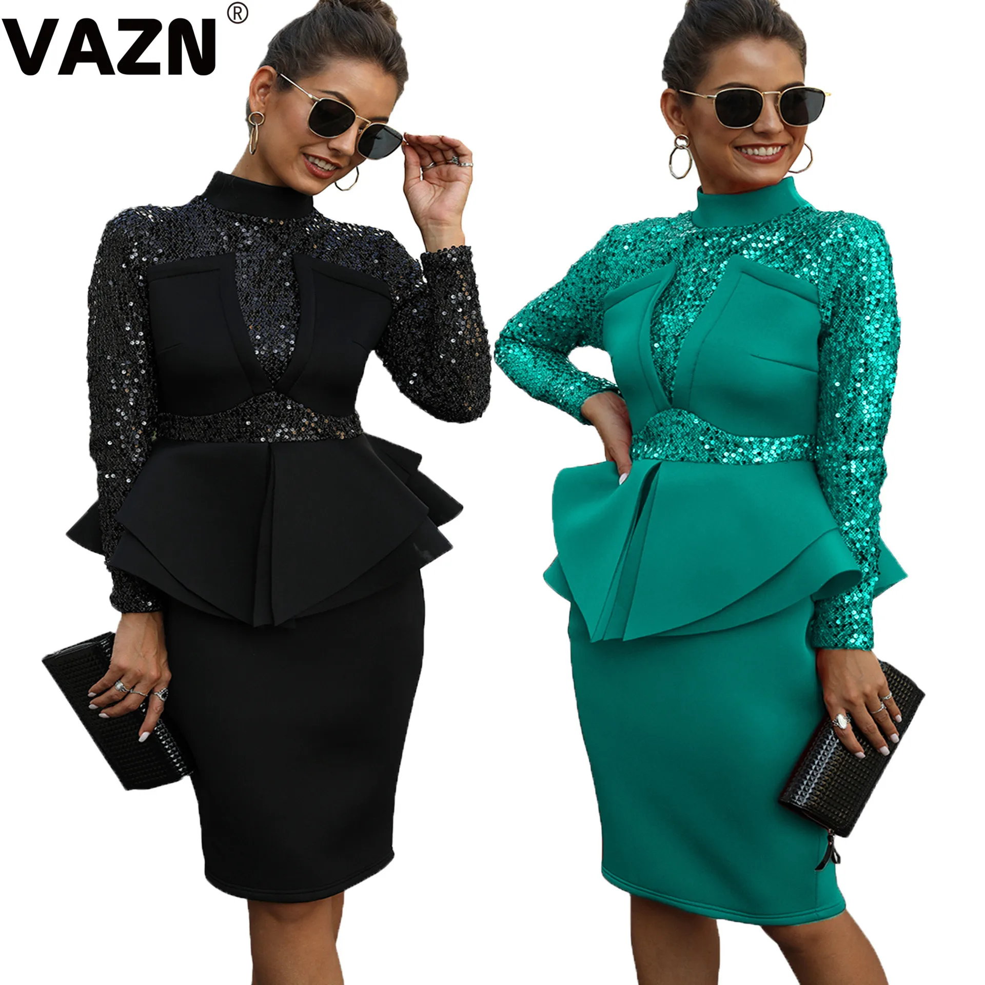 VAZN New Heavy Industry Sequined Flaring Sexy Club Sweet Fashion Red High Waist Turtleneck Full Sleeve Women Pencil Midi Dress | Женская