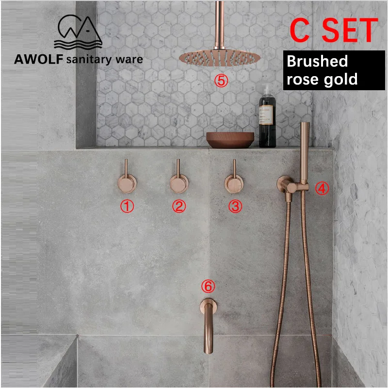 Brushed rose gold C Набор для ванной комнаты, матовый, розовое золото, простота, твердая латунь, 8 дюймов, насадка для душа, кран, смеситель для душа, ванна, черный хром, AH3023 - Цвет: Brushed rose gold C