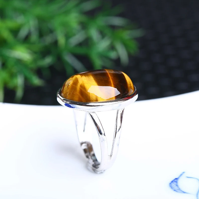 Natural Crystal Ring Yellow Tiger Eye Stone S925 Silver Mosaic Ring Men Women Crystal Rings Energy Stone Jewelry natural stone ring