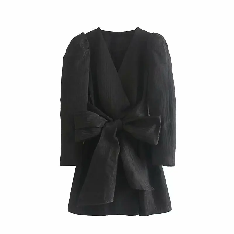 

Solid Women Cross V Neck Sashes Mini Dress 2019 Autumn Leisure Lady Puff Sleeve Elegant Dresses D3571